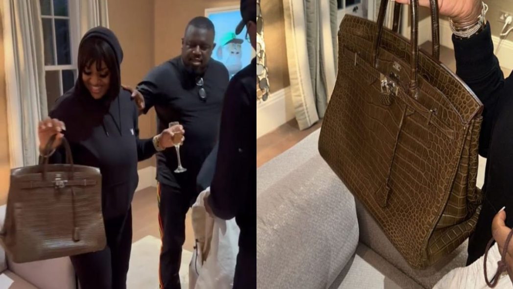 UK-based Nigerian clergyman, Tobi Adegboyega, gifts Davido's fiancée,  Chioma, a Hermes Birkin snakeskin bag said to be worth $95000 (video)